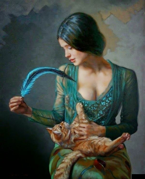 Картина женщина и кошка