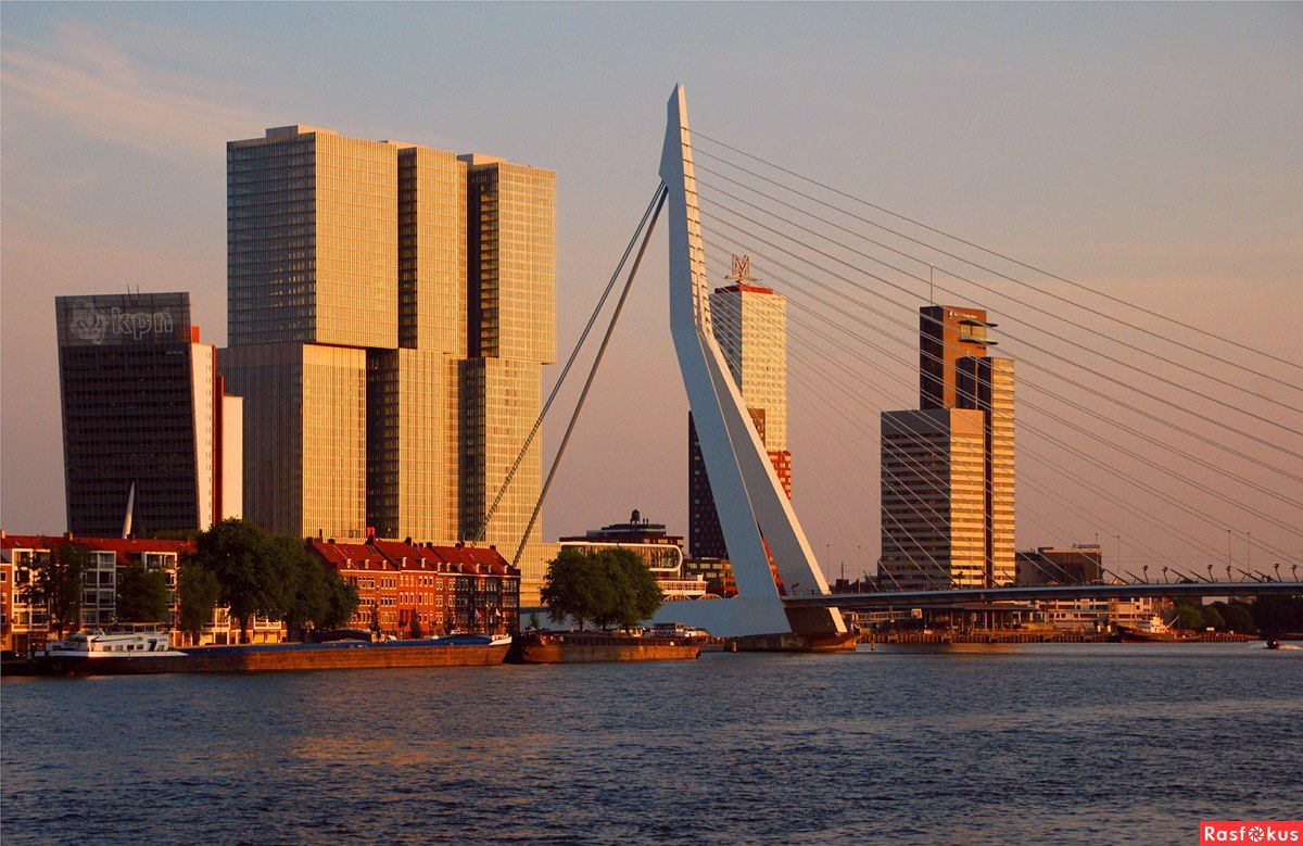 Роттердам, Нидерланды. Вид на современный район Kop van Zuid. Слева - De Rotterdam. De Rotterdam - ...