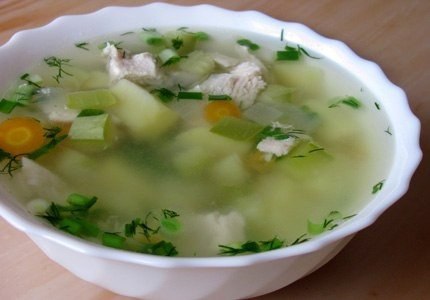 Суп с курицей и кабачками (обед).на 100 г 45.75 ккал Б/Ж/У 5.26/0.48/5.69 Необходимые продукты: ...