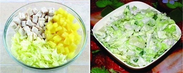 Салат из пекинской капусты, курицы и ананаса.на 100 г 56.94 ккал Б/Ж/У 6.36/0.53/7.01Вам ...