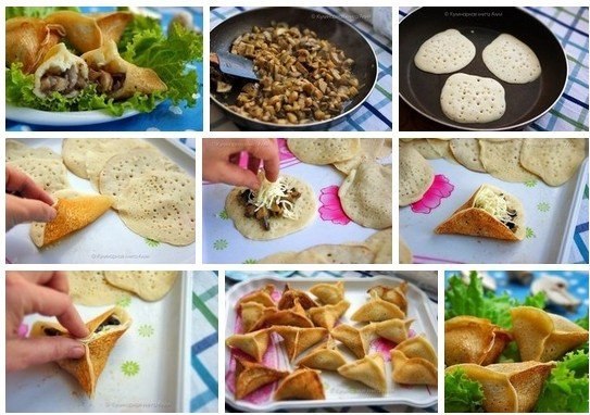 Блинчики с грибами и сыром.Но это не простые блинчики! Простые так не получится завернуть....Сама их ...