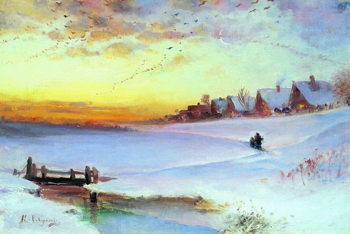 Зимний вечер.Какой сегодня вечер розовыйИ золотисто-голубой,Как разрумянились березонькиИ дым ...