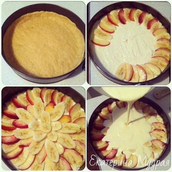 Творожная запеканка с персиками/бананами в сметанной заливке. Основа: 1 стакан муки 1 ч.л ...