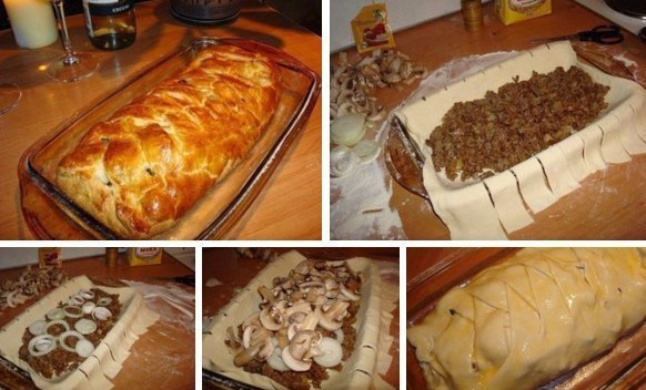 Быстрый мясной пирог с грибами.Ингредиенты:- Тесто слоённое дрожжевое- Фарш грамм 300-400.- Лук 2-3 ...
