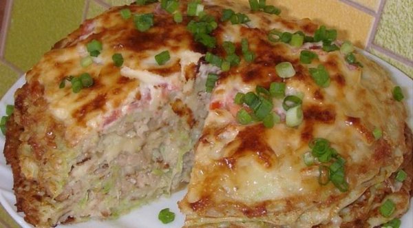 Мясной торт.ИНГРЕДИЕНТЫмуки 1,5 ст.сметана 100 гмаргарина 100 гДля начинки:мясо 0,5 кгшампиньоны 0,5 ...