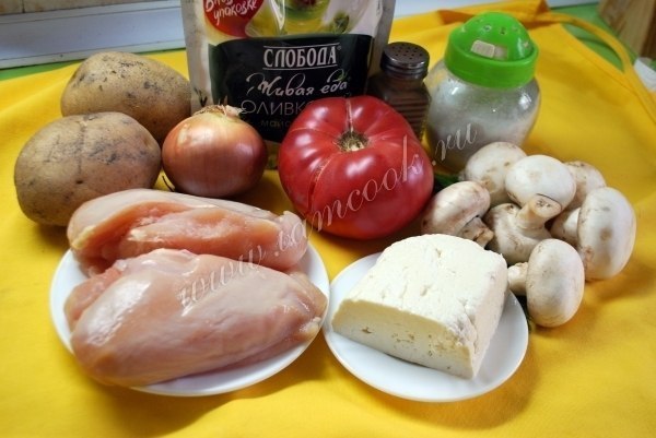 Куриная запеканка по-французски.Ингредиенты:Куриное филе - 400 грамм;Картофель - 2 шт;Лук - 1 ... - 2