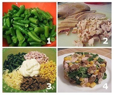 Салат из фасоли с копченой курицей.Ингредиенты:- 200 г замороженной зеленой стручковой фасоли- 1 ...