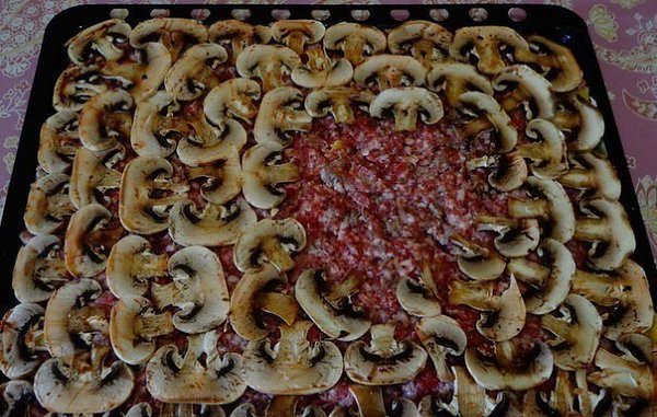 САМАЯ ВКУСНАЯ И ПРОСТАЯ ЗАПЕКАНКА .ИНГРЕДИЕНТЫ: шампиньоны сыр 2 ложки сметаны фарш ломтики ... - 3