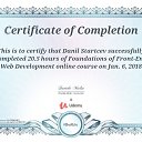 This certificate above verifies that Danil Startcev successfully completed the course Foundations of Front-End Web Development on Jan. 6, 2018 as taught by Davide Molin on Udemy. https://www.udemy.com/certificate/UC-OOWKY6FG/   Udemy