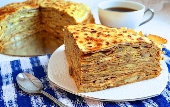 Блинный пирог с грибами.Ингредиенты к рецепту «Блинный пирог с грибами»:Молоко 1 лЯйца куриные 4 ...