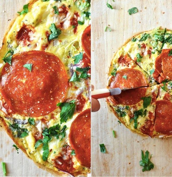 Пицца-омлет.Ингредиенты:5 яиц + водасоль и перец по вкусуброкколи и лук, мелко нарезаные (по 20 ... - 5