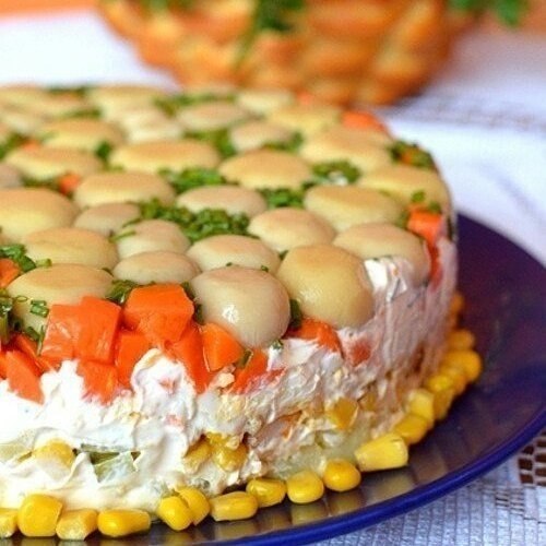 Торт-салат с курицей и грибами. .Отличный рецепт приготовления праздничного салата с курицей, ...