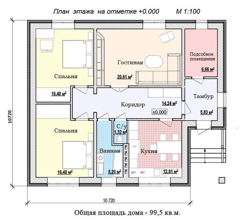 Проект 1этажного дома с 3 спальнями до 100м2