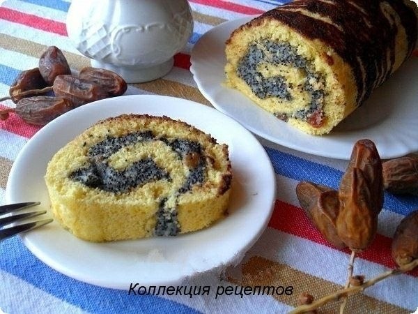 Бисквитный рулет с маком и изюмом.Ингредиенты:Тесто:Мука 1 стаканСахар 1 стаканЯйцо 5 ...