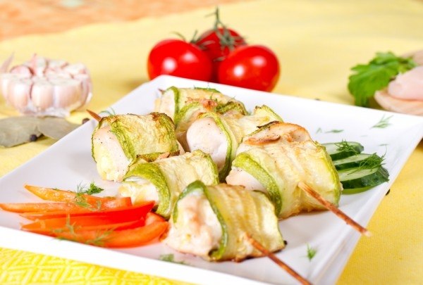 Кабачковые рулетики с курицей.на 100грамм - 52.98 ккалБ/Ж/У - 4.1/1.45/5.84Ингредиенты: - кабачки-3 ...