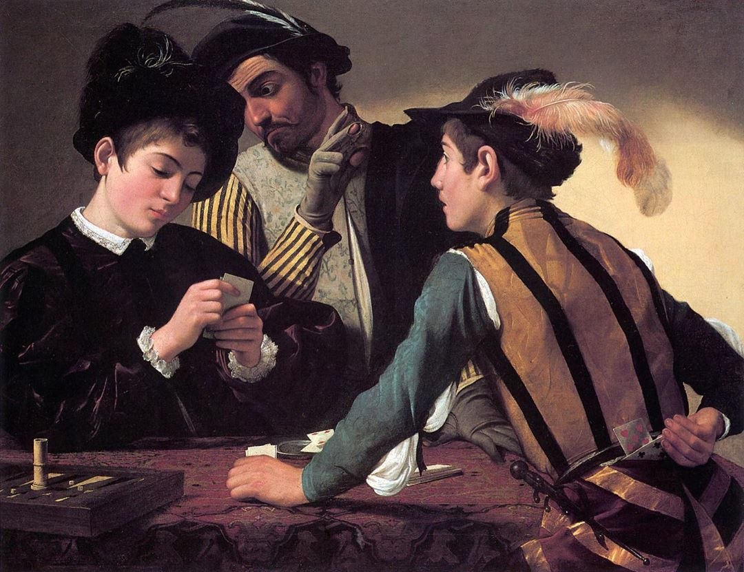 "The Cardsharps" is an extraordinary oil painting on canvas (94x131 cm) made in 1594 by ...