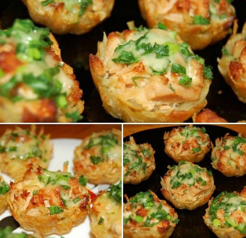 Тарталетки из картофеля с куриным филе под чесночно-сырным соусом! Мой муж всегда просит добавки) ...