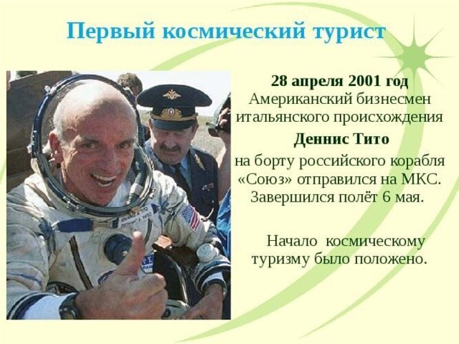 День космического туриста (First Space Tourist Day).Полеты на кораблях на околоземную орбиту долгое ...