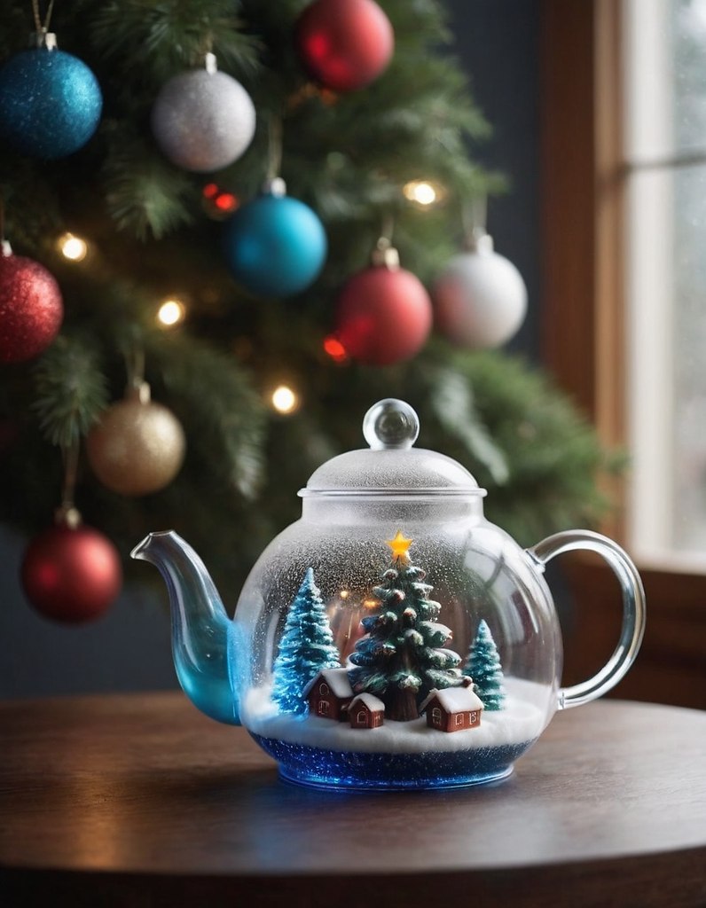 {."prompt": "Christmas theme translucent tea pot, with chrismas tree inside --ar ...