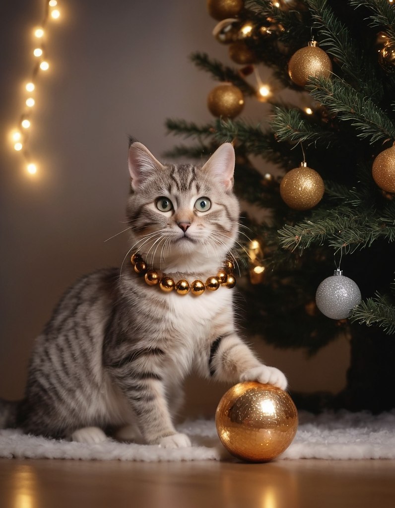 {."prompt": "Beautiful kitty trying to steal a ball from the New Year tree. Realistic ...